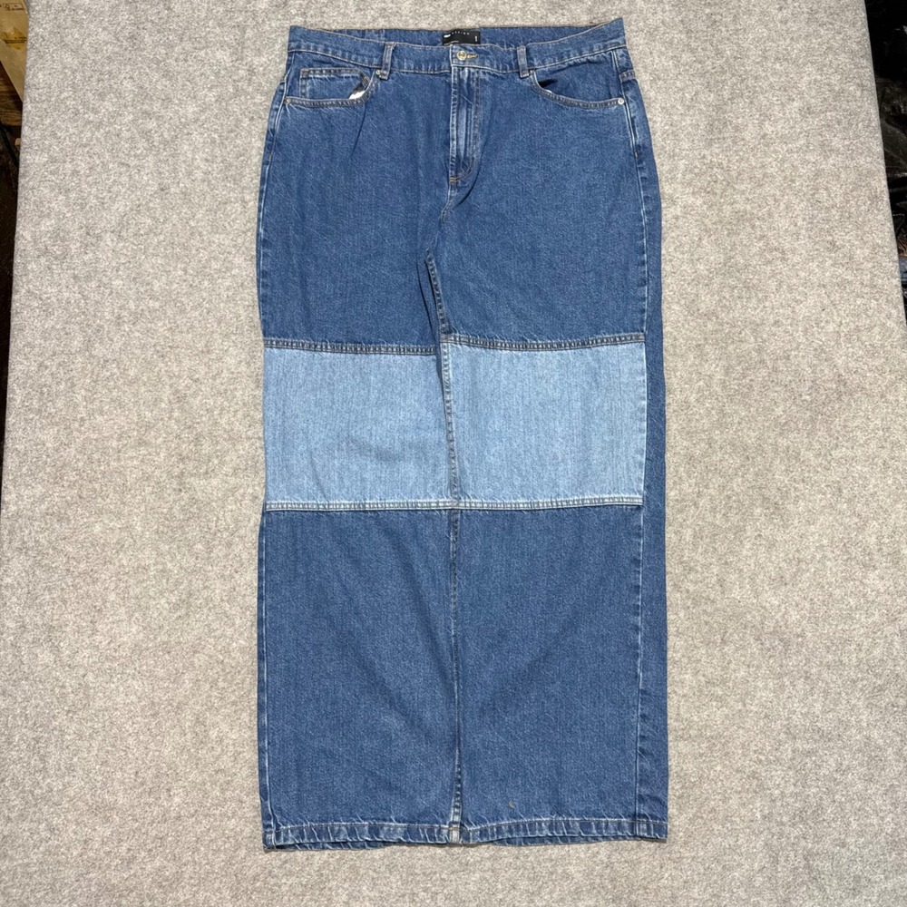 ASOS DESIGN Mens Baggy Patchwork Jeans Blue Colorblock Skater Wide Leg 34x32